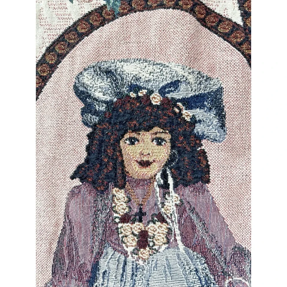 Vintage Victorian Porcelain Doll Woven Tapestry Throw Blanket Fringe 64x49